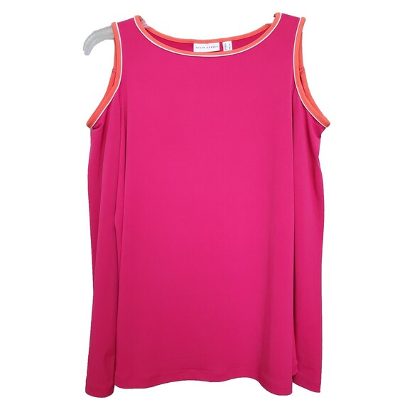 Susan Graver Liquid Knit Pink w/Orange Trim Cold Shoulder Blouse Size Large - Picture 1 of 6